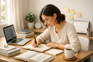 tudent studying with books and notes for exam preparation Best student tips for effective exam preparation Focused student study setup with laptop and notes Exam preparation strategy with organized study desk Productive study environment for students